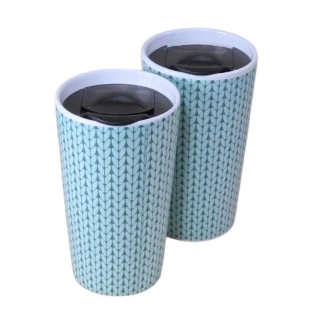 2 Ceramic Travel Tumblers Mint Teal Geometric Pattern 12oz New DesignPac NOB